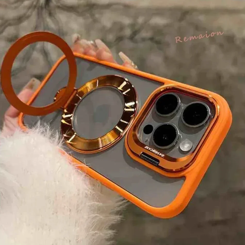 Ring Magnetic Shockproof Bracket Phone Case for iPhone 13 11 12 14 15 16 pro Max 15 plus Magsafe Clear Glass Lens Protect Cover