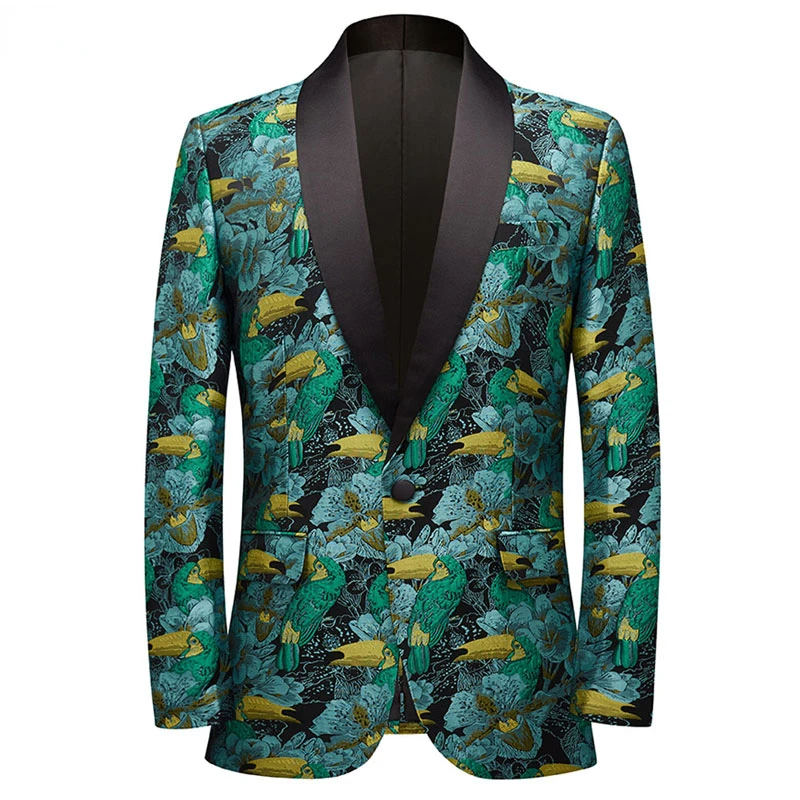 

Mens Bird Embroidery Tuxedo Suit Jacket Slim Fit One Button Shawl Collar Floral Blazer Men Party Prom Dinner Costume Homme