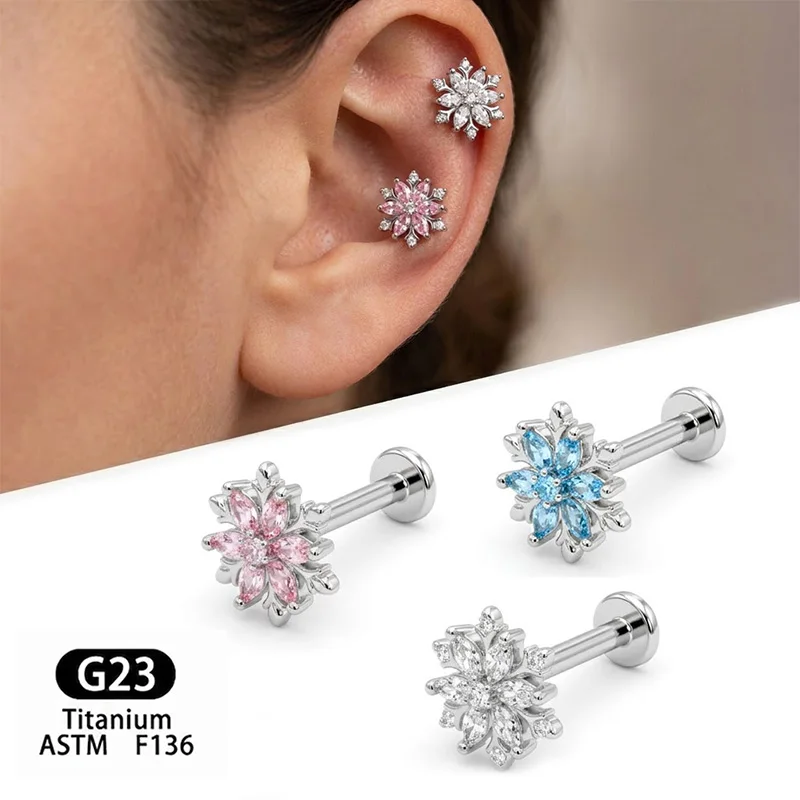 ASTM F136 Titanium Flat Back Earring Flower Cartilage Stud Helix Tragus Conch Piercing Jewelry Marquise CZ Hypoallergenic Stud