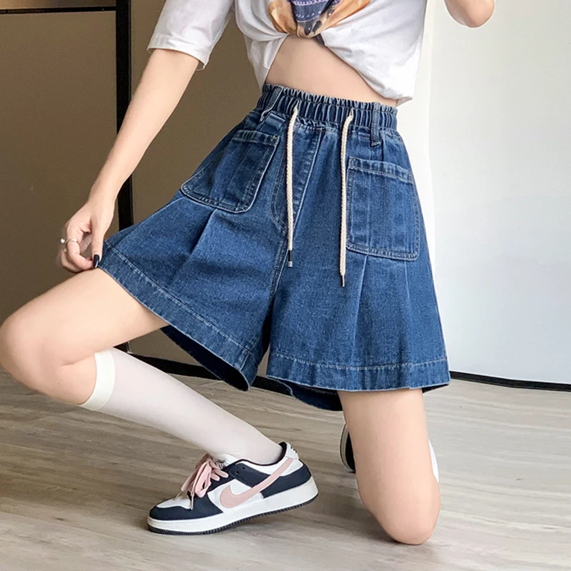 

Fashion Streetwear Jean Pleated Skirt Shorts Women Summer Loose Big Size Wide Leg Short Femme Elastic Waist Ruffles Denim Shorts