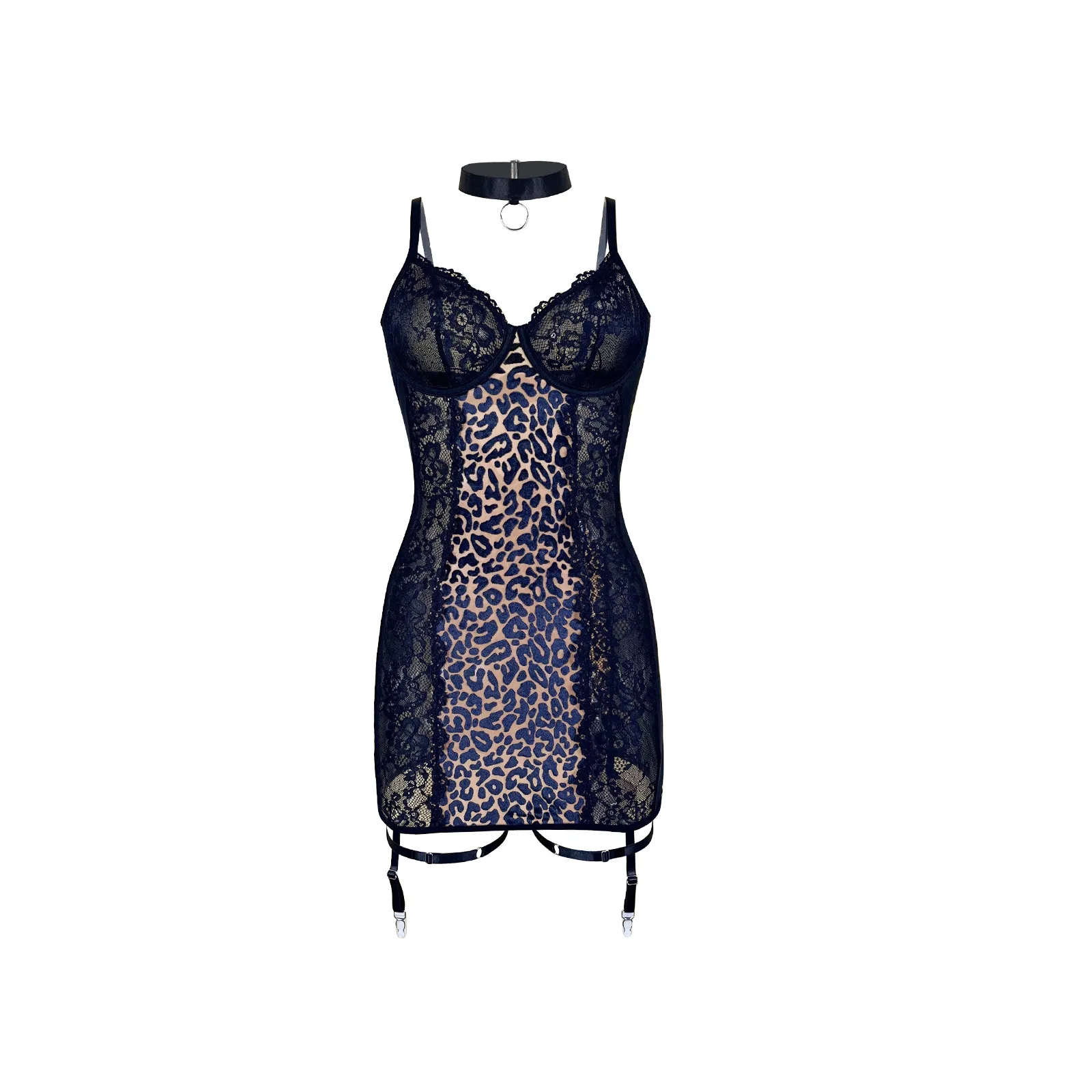 Hot Girl Style Leopard Print Lace Sexy Nightdress For Women With Underwire See-through Mesh And Bodycon Slip Dress Charming H4VJ