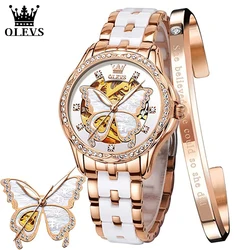 OLEVS relojes automáticos para mujer, reloj mecánico de esqueleto para mujer, elegante vestido de lujo, mariposa, diamante, banda de cerámica blanca, regalo