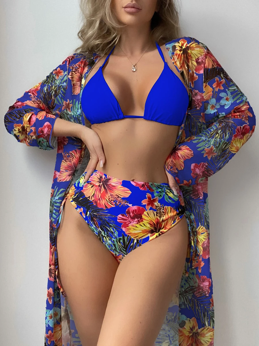 Halter triangolo Bikini 2024 costume da bagno donna con Kimono costumi da bagno a vita alta bagnanti femminili costume da bagno costume da bagno