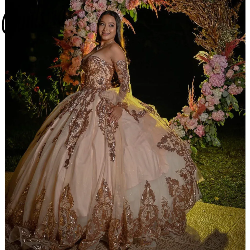 Vestido De baile De Quinceañera De oro rosa, brillante, escote corazón, sin espalda, dulce 16, vestidos De desfile, 15 años, 2024