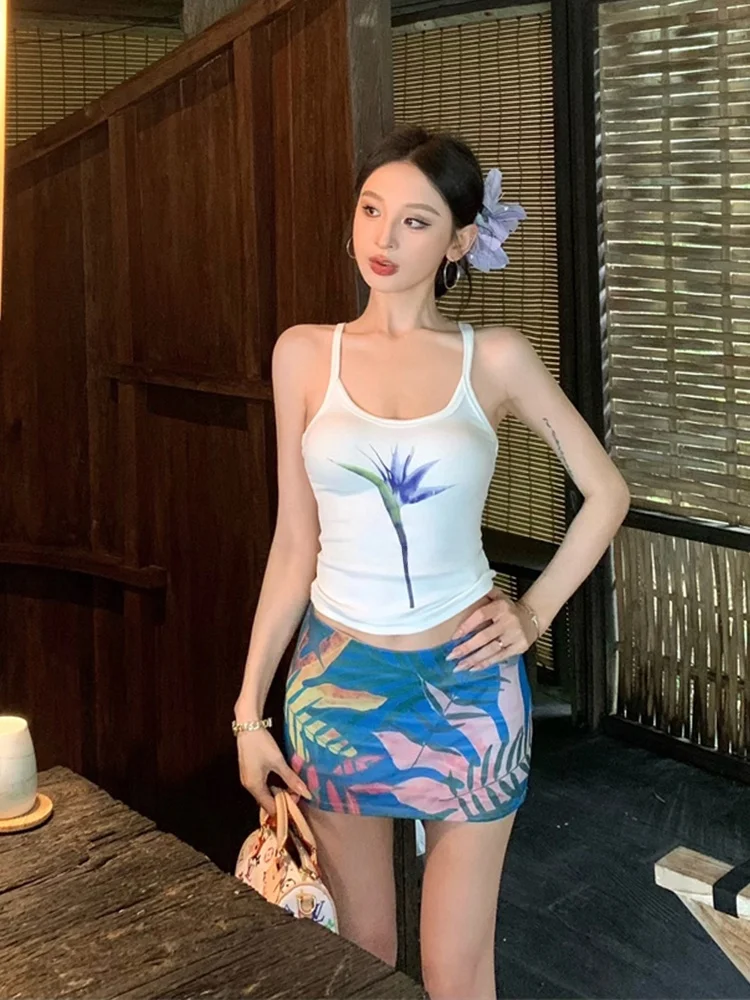 BEARUN Chic Floral Prints White Strap Vest Women Beach Holiday Loose Waist orts Two Piece Set Young Modern Spring Collection