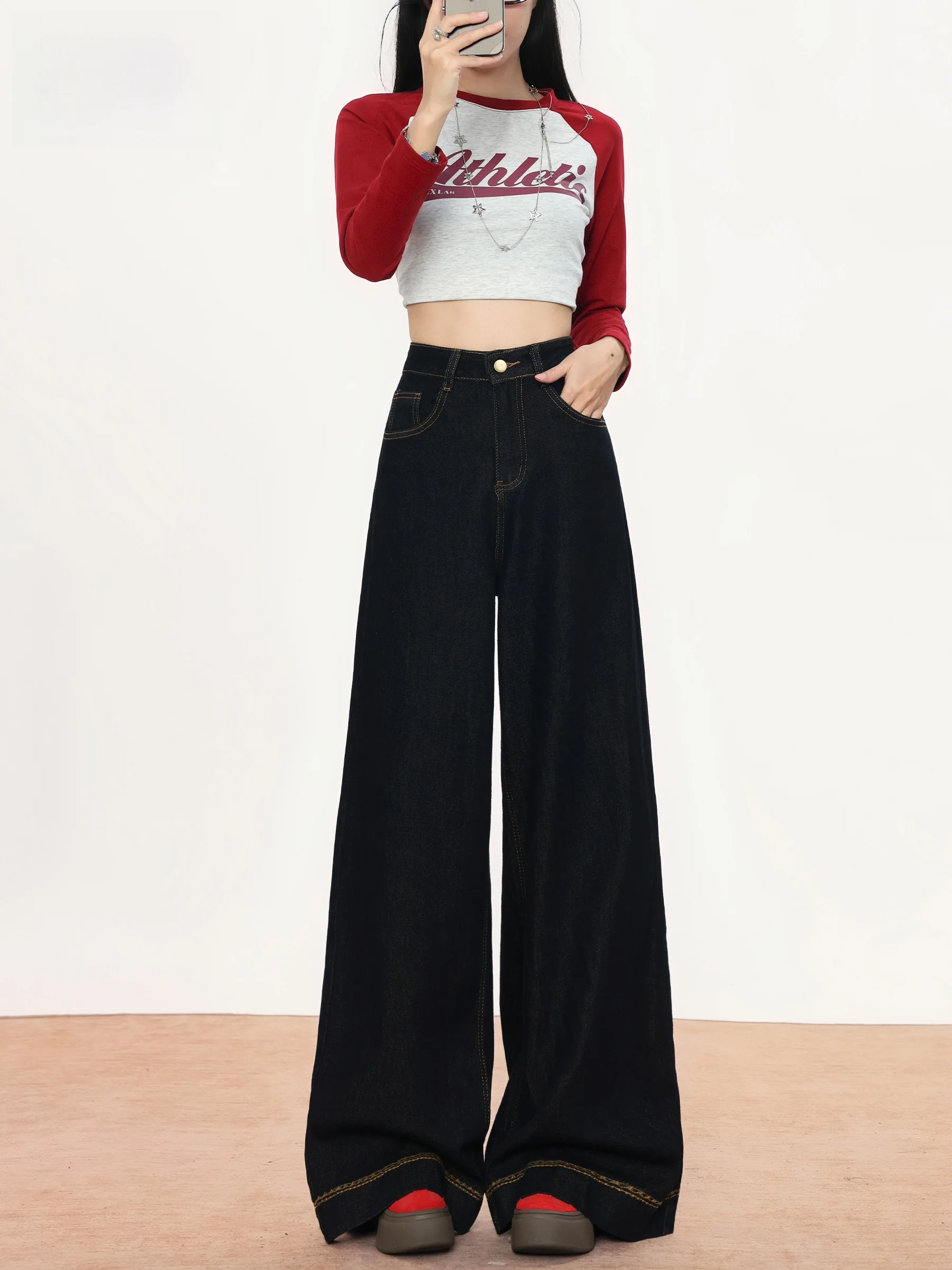 

Женские джинсы с высокой талией и широкими штанинами, осенне-зимние, свободные, прямые, в пол, в американском стиле, с пуговицами