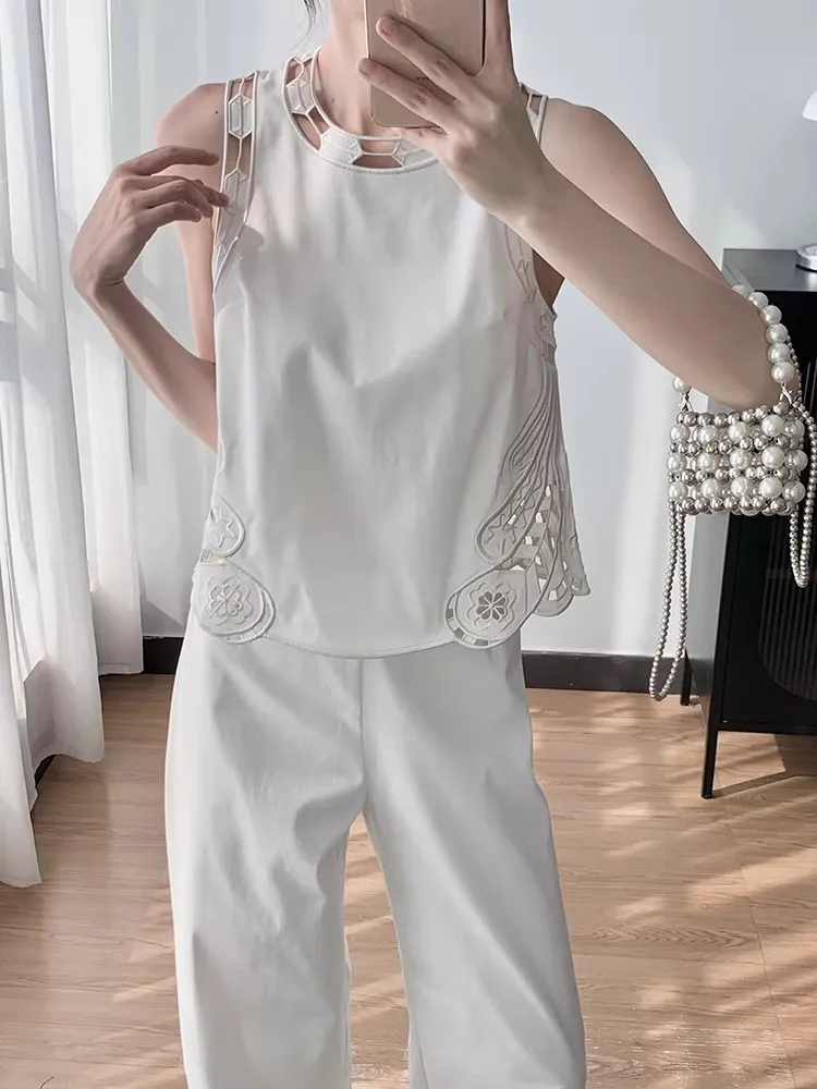 Women Wide Leg Long Trousers or Sleeveless O-Neck Vest Cotton Blends White Embroidery Hollow Out Set