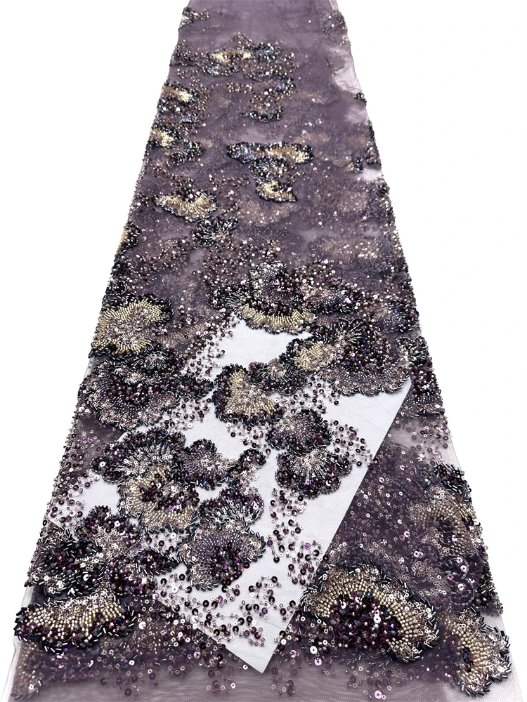 

Nigerian Purple Beaded Lace Fabrics African Lace Fabric 5 Yards High Quality 2026 French Mesh With Sequence For Wedding Sewing