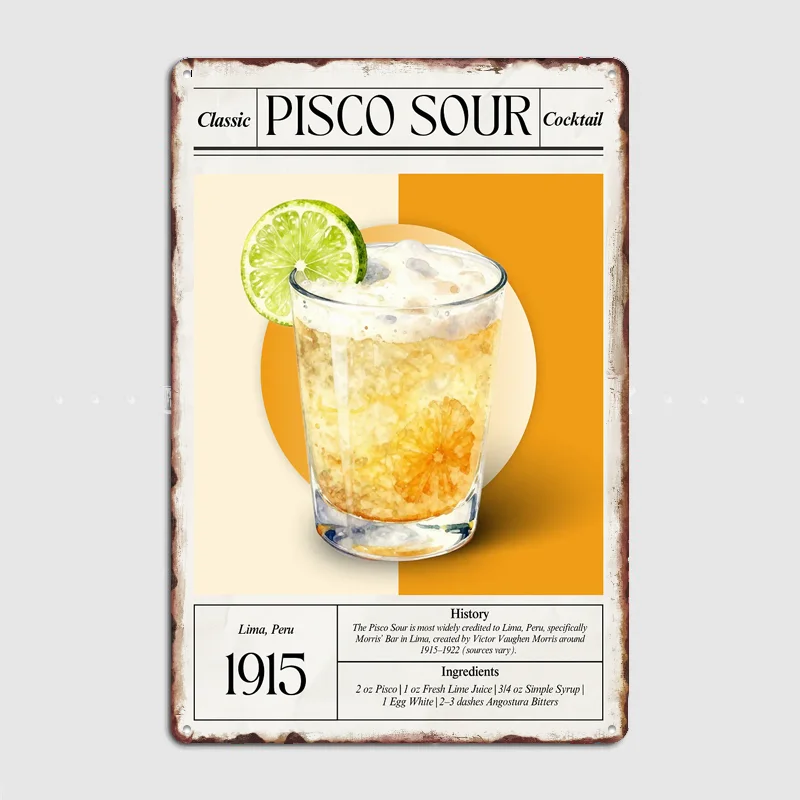 Letrero Metálico Vintage de Pisco Sour, Decoración de Pared para Pub, Club, Bar, Dormitorio, Hogar, Póster Decorativo para Habitación