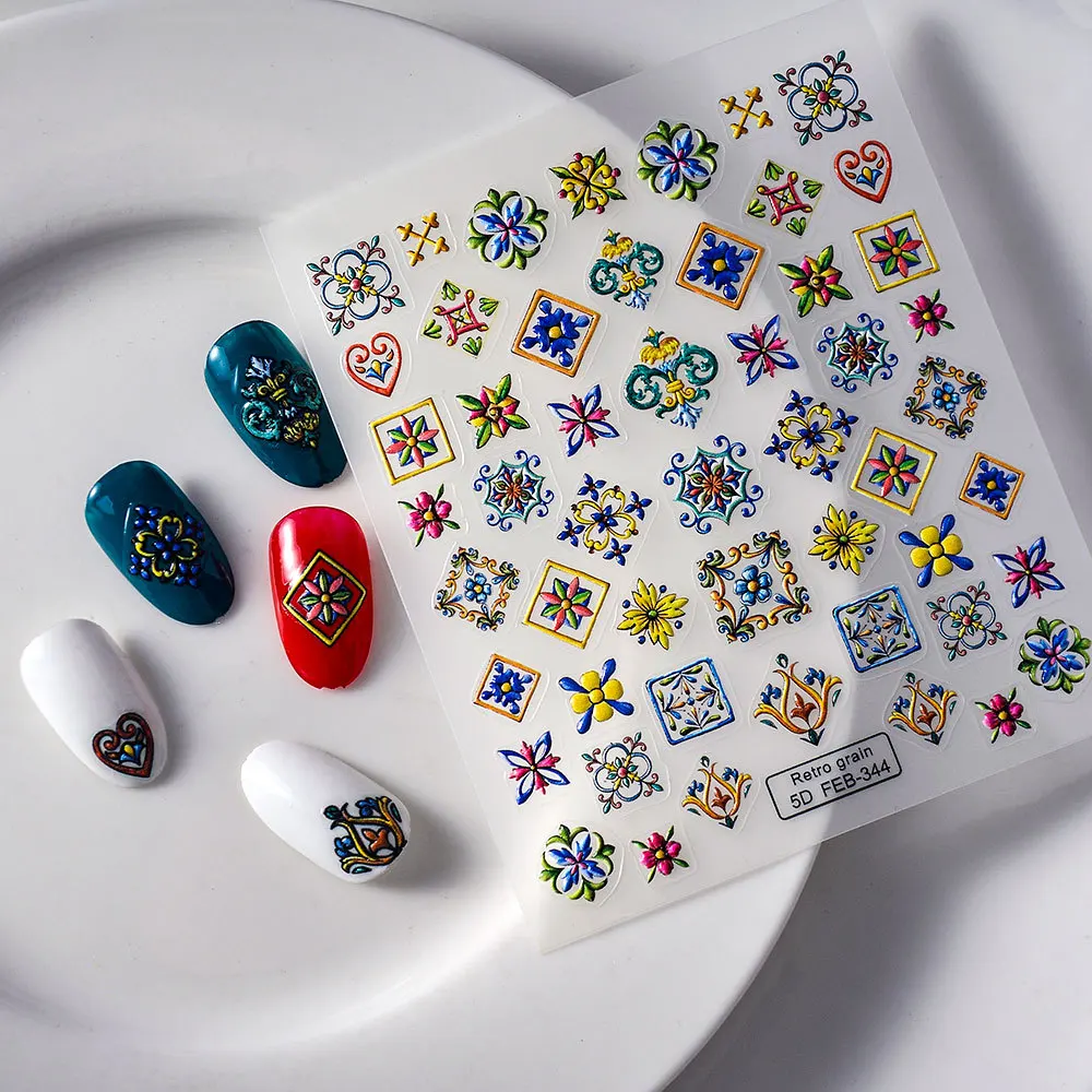 5D Embossed Bohemian Pattern Nail Art Stickers Retro Elegant Embroidery Boho Style Flower Nails Decoration Decals Supplies