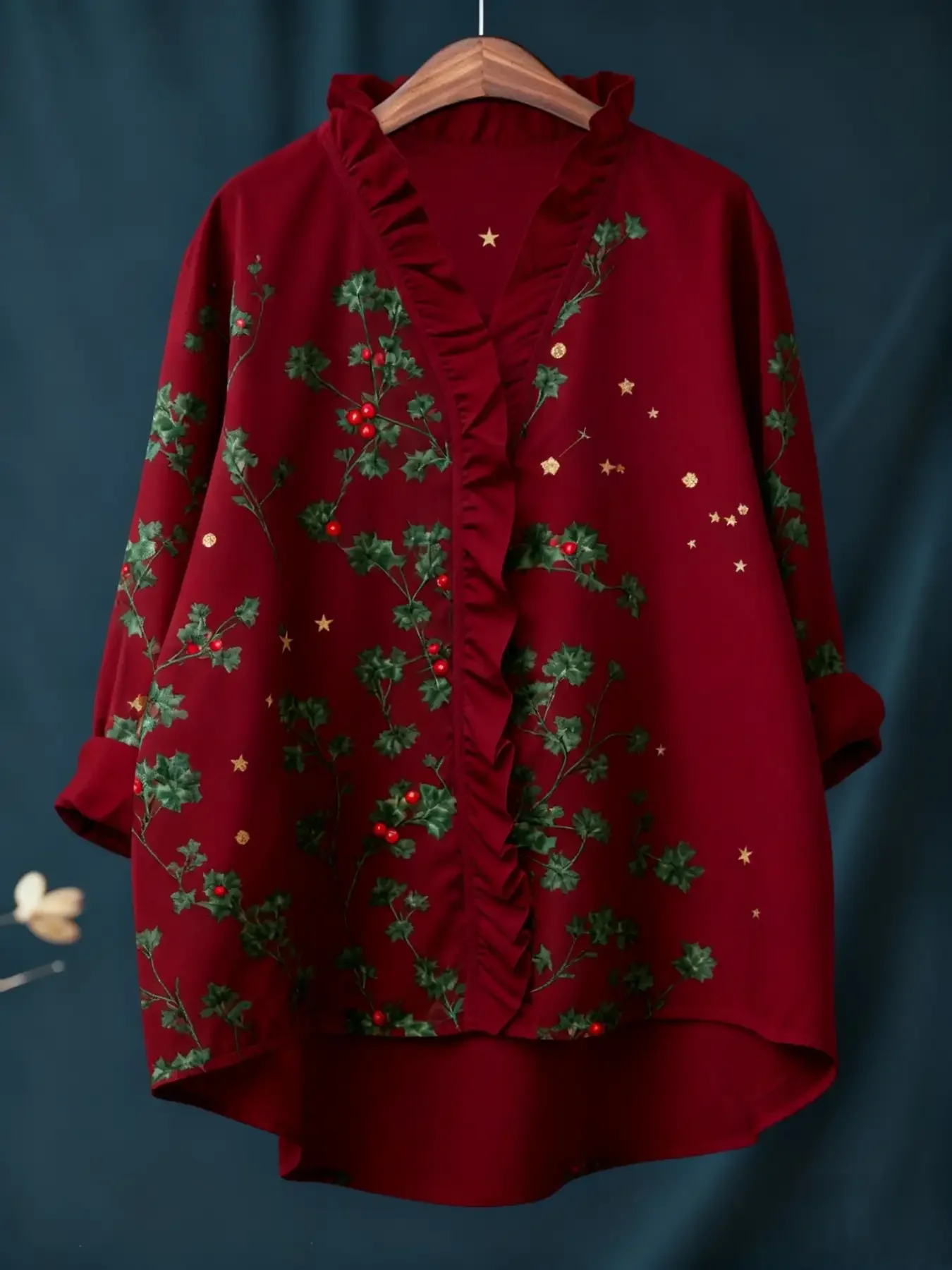 New ladies' Christmas digital printed long sleeved shirt with ruffled collar, Holiday fashion, elegant style,