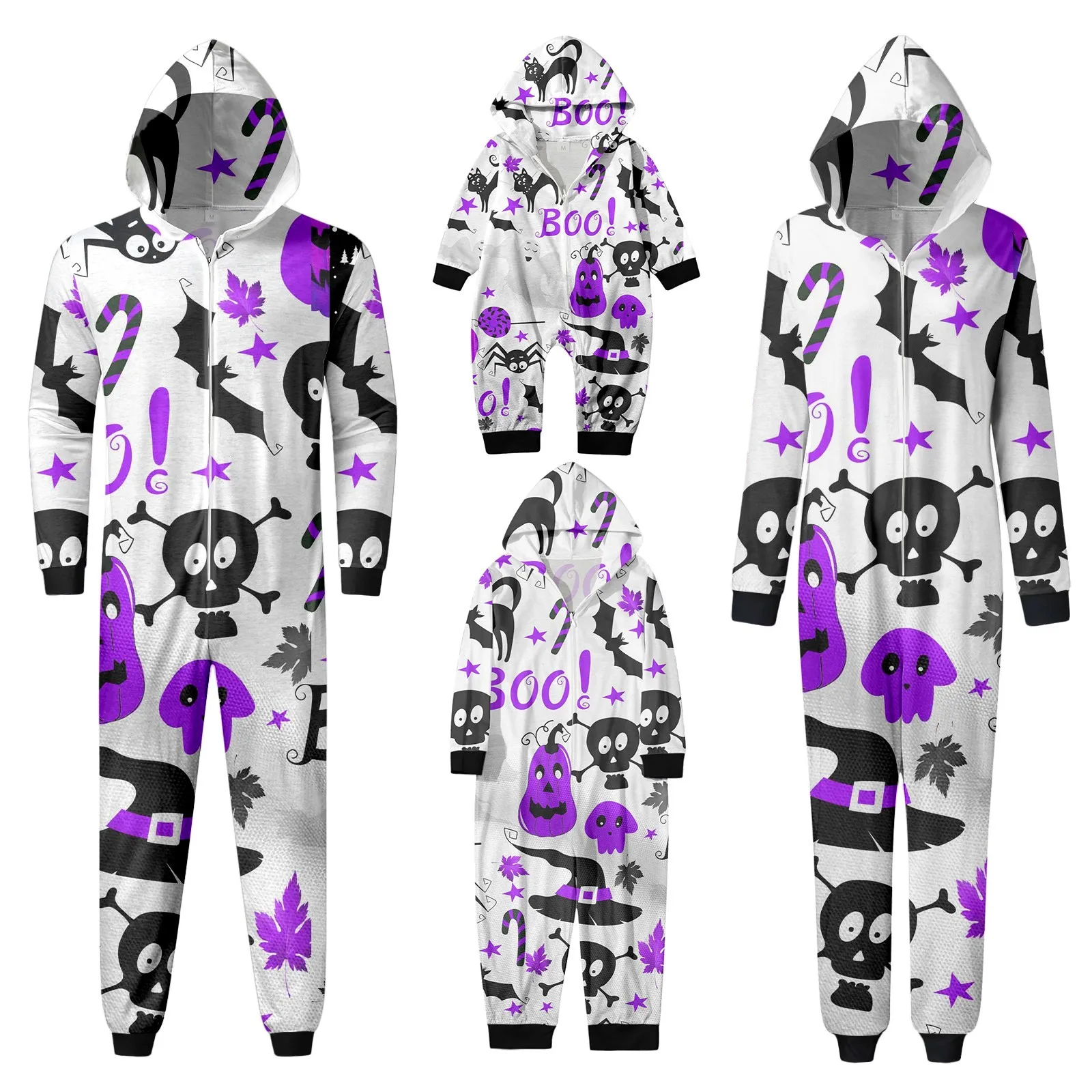 Funny Cute Halloween Theme Printed Jumpsuit Long Sleeved Hooded Autumn Romper for Family Loose Fitting Casual Pajama Set