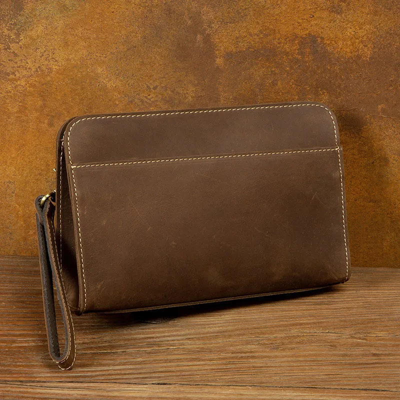 Crazy horse leather men's handbags retro business long clutch leather leather purse shoulder bag large capacity