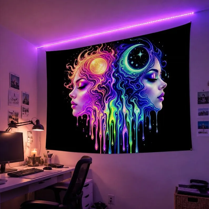 Sun Moon Tapestry Neon Universe Goddess Night Light Illusory Spiritual Decoration Suitable for Room Theme Activities