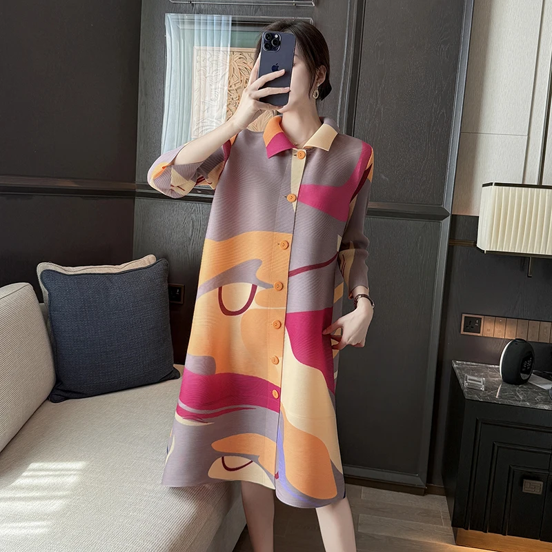 レディース オフィス 通勤 プリーツ シャツワンピース カラーブロック プリント ラペルカラー シングルブレスト ミディアム丈 スリット入り ミニマリストスタイル