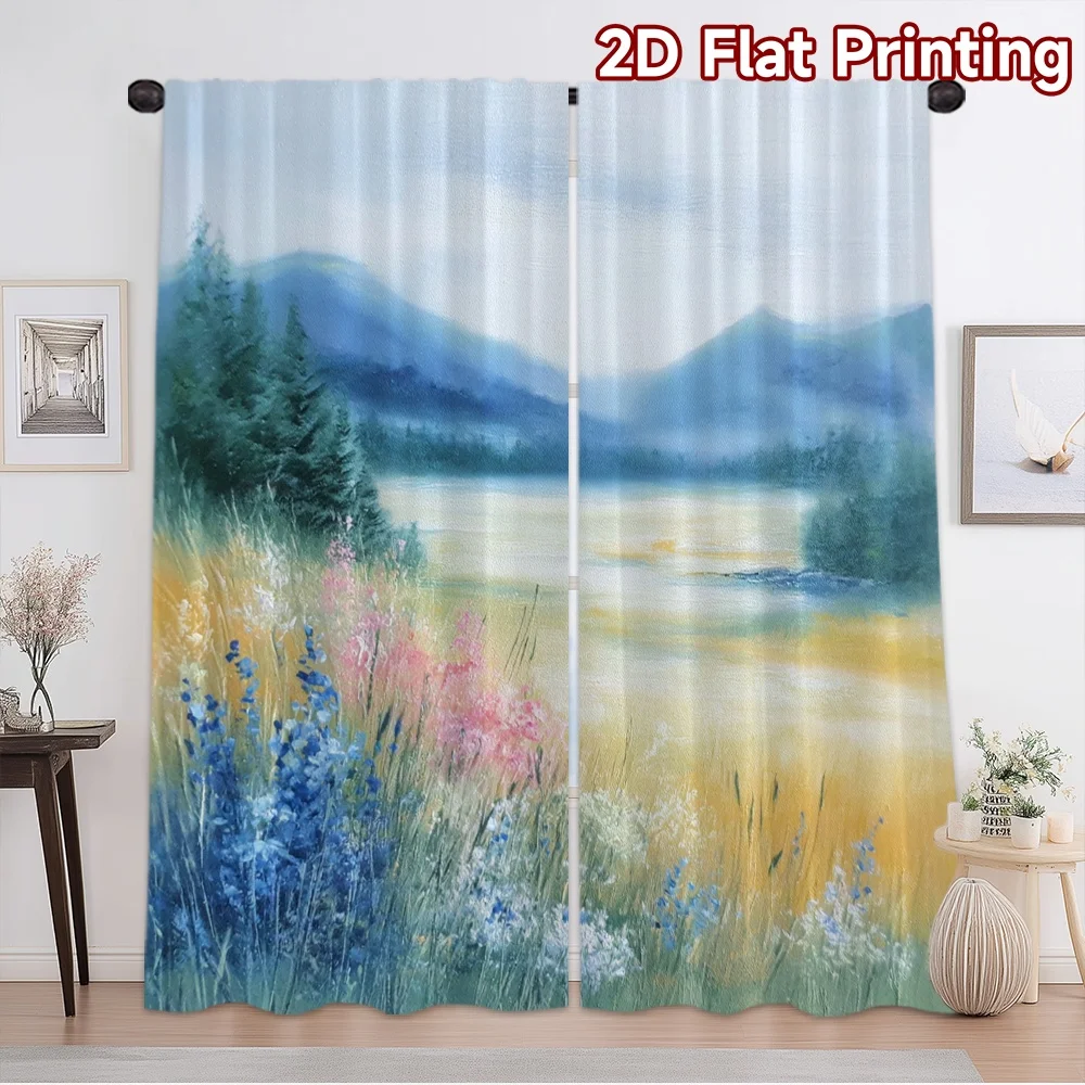 2D flat printing 2pcs Curtain Curtain Mountain Meadow Landscape Digital Printed Polyester Drapes Family Party Perfect for