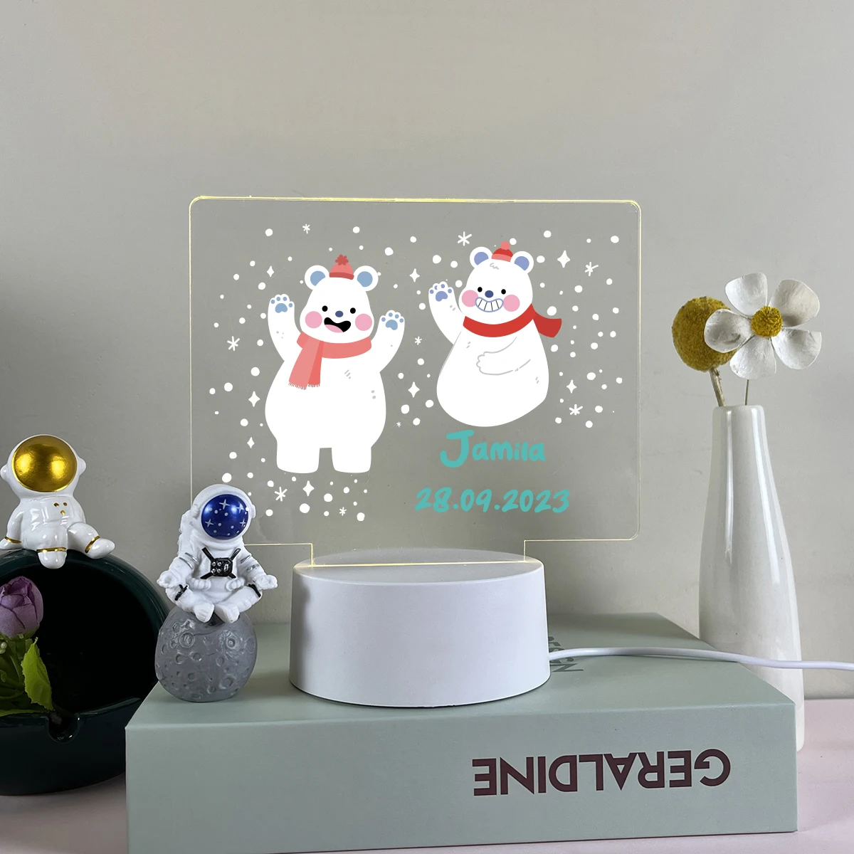 1 PC การ์ตูนหมี Snowman UV พิมพ์ที่กําหนดเองชื่อ 3D Touch LED Night Light เด็กผู้หญิงคริสต์มาสของขวัญโคมไฟอะคริลิค Led