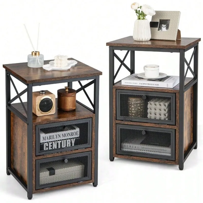 Nightstand Set of Industrial End Side Table with Visible Netting Drawers