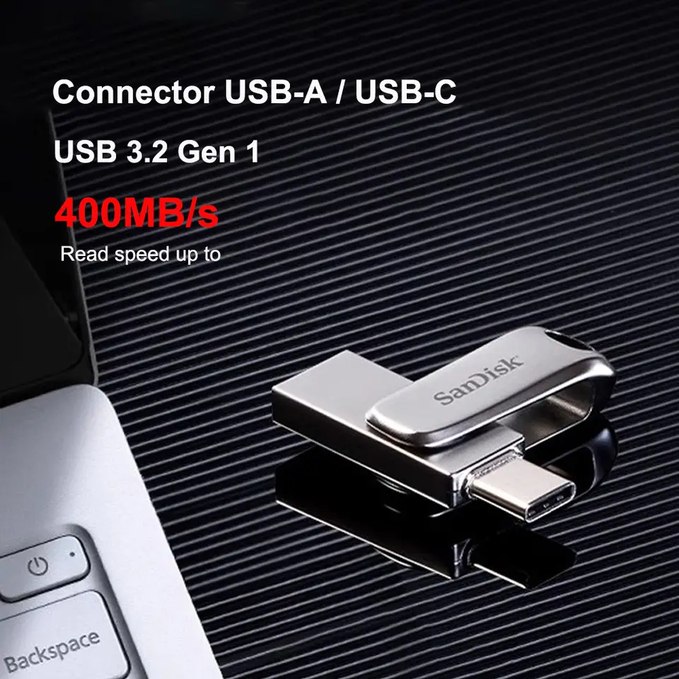 SanDisk Ultra Dual Drive Luxe USB Type-c بسعة 32 جيجابايت و64 جيجابايت و128 جيجابايت و256 جيجابايت و512 جيجابايت، USB 3.2 Gen 1، فلاش درايف معدني للهاتف من النوع C OTG - 3