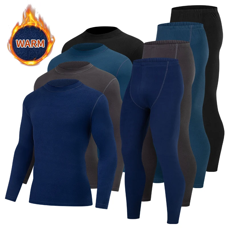 2-piece Autumn/Winter Men's Classic Fashion Basic Warm Underwear Set Loose Large Half High Collar Top Elastic Waist Pants
