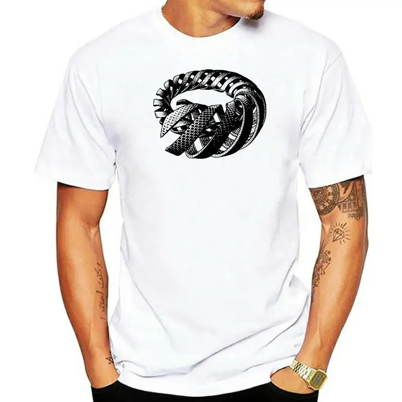 Spiral T-shirt Escher Unisex Hand Printed Black on Zinc Silkscreen Cotton Gift for Him Mens Fashion Screen print men t shirt