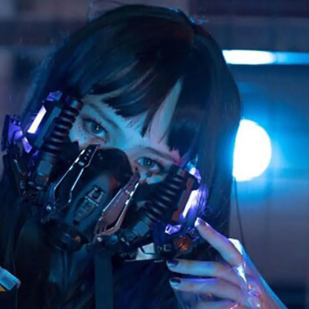 قناع نصف قناع الخيال العلمي للهالوين، قناع فلاش، زي تنكري LED، دعائم باعثة للضوء، ملحقات قناع الخيال العلمي الميكانيكي (أزرق)