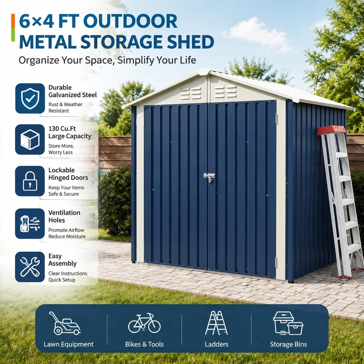 6x4 FT Outdoor Metal Storage Shed Waterproof Galvanized Steel Garden Shed with Lockable Hinged Door Ventilation Holes Reinforced Frame Backyard Tool Storage House for Lawn Equipment