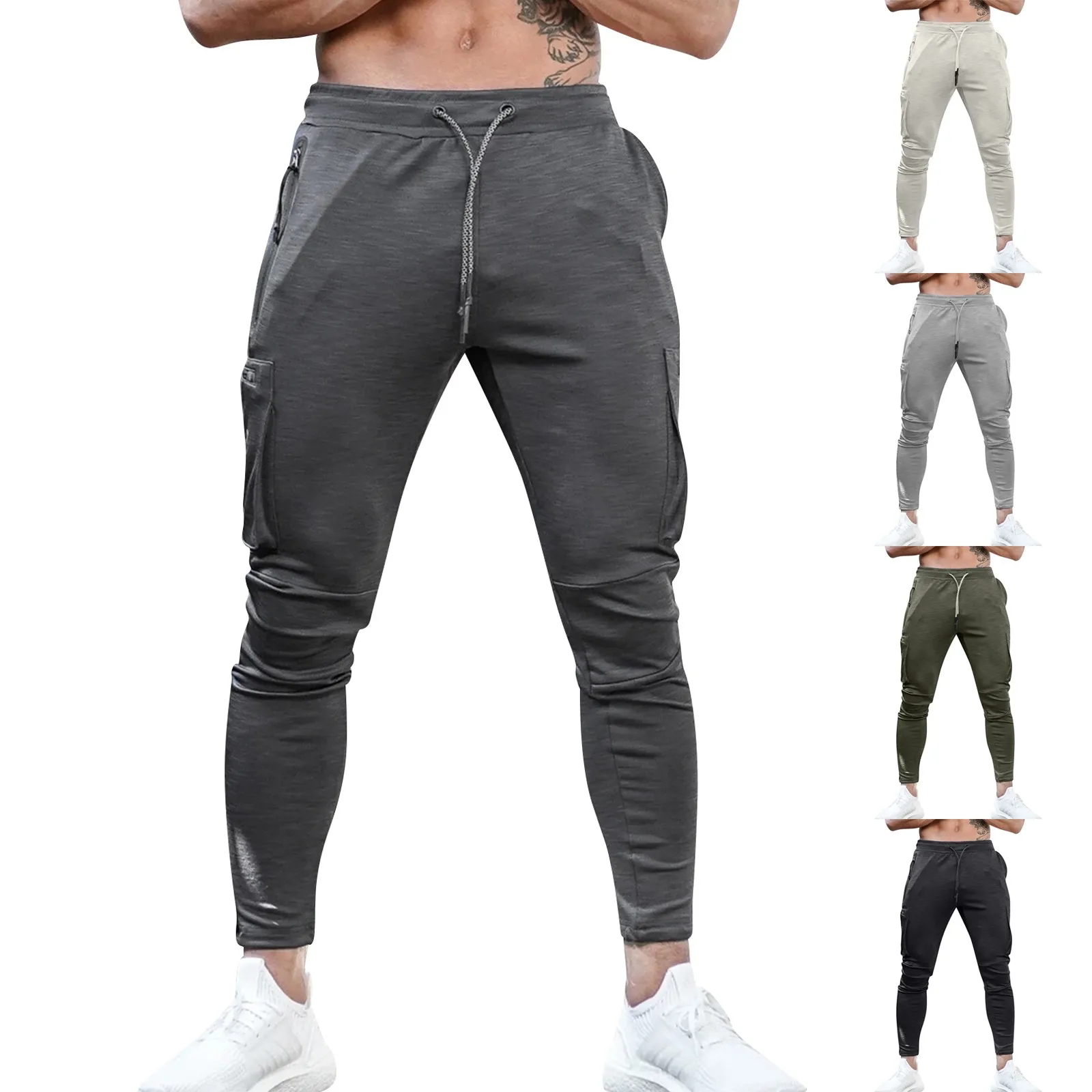 Training Cargo Pants Mens Solid Color Multi Pocket Outdoor Sports Fitness Running Casual Drawstring Trousers Solid Pantalones