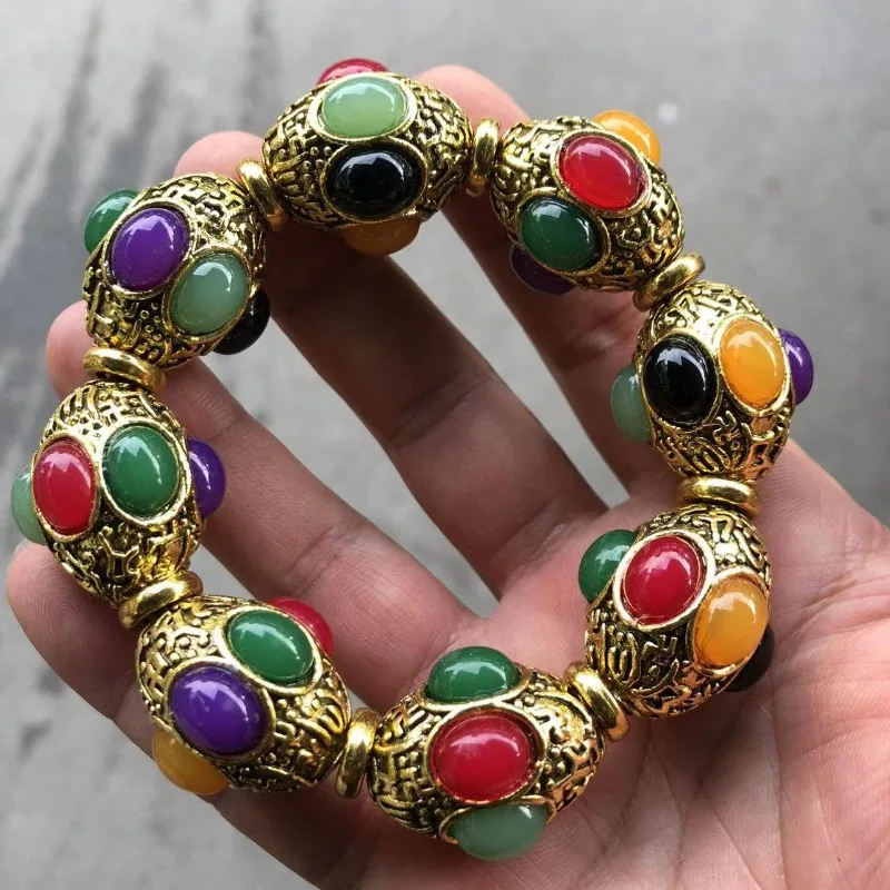 

Retro Ethnic Tibetan Silver Bracelet Inlaid Colorful Gems Multibead Hand Chain,Vintage Miao Silver Fashion Jewelry for Men Women