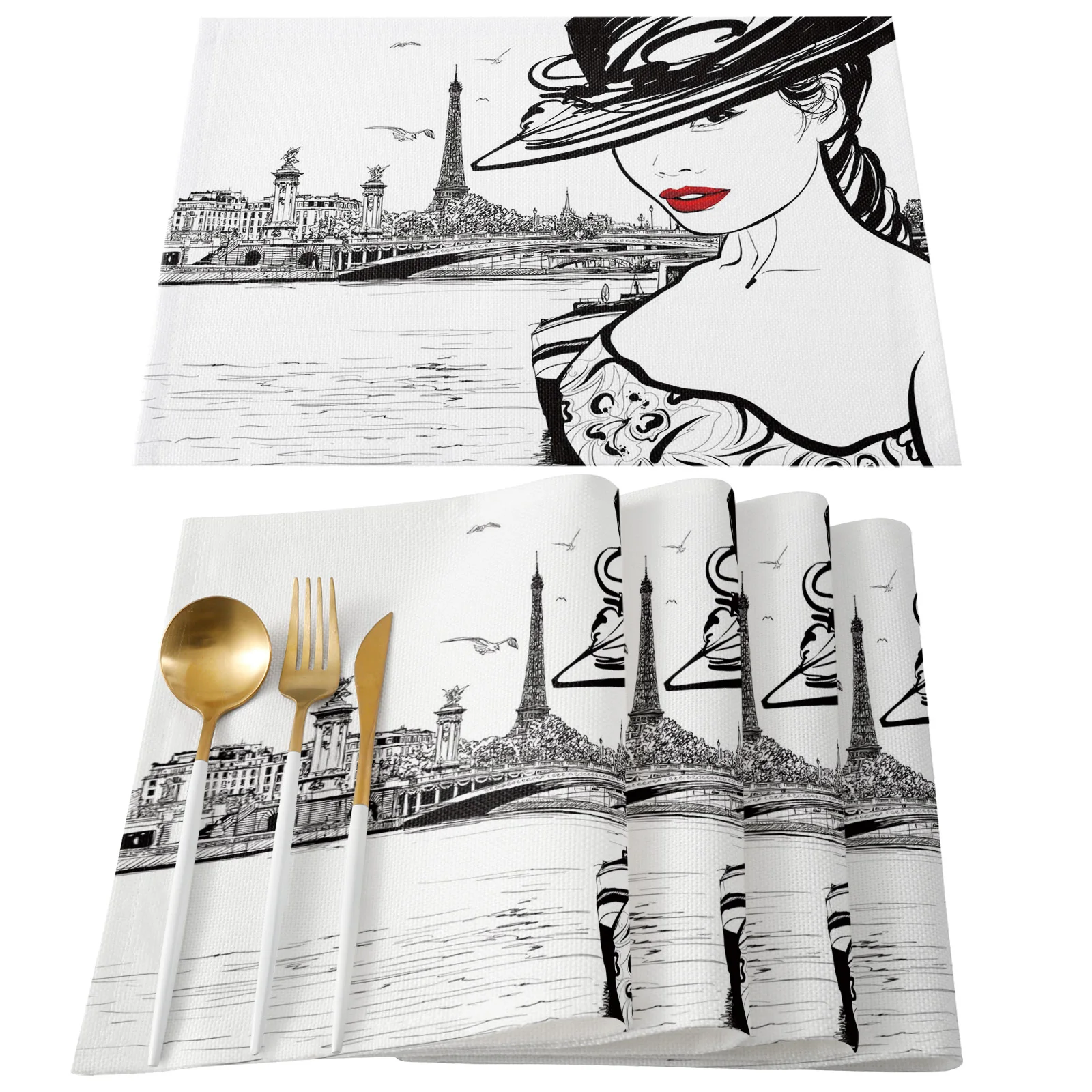 Paris Seine Woman Eiffel Tower Red Lips Modern Table Runner Home Table Decor Cotton Linen Table Flag Hotel Wedding Tablecloth