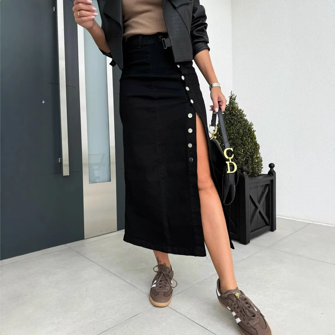 2026 Y2k Skirts Denim Women Long Skirt Single Breasted Irregular Split Stretch High Waist Distressed Washed Summer Streetwear
