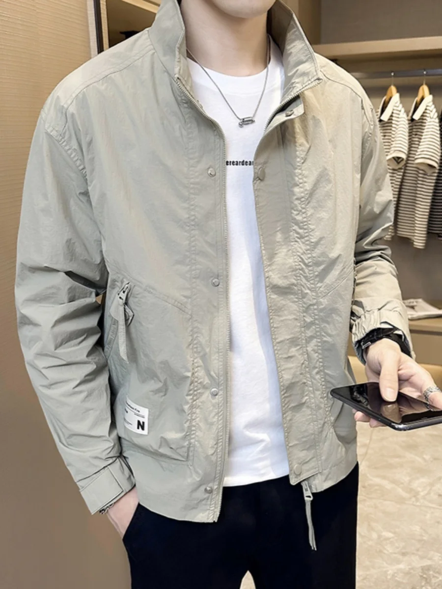 

Spring Autumn New Sle Slim Fit Pure Color Jaet for Men Stand Collar Thin Faionable Versatile Outerwear Youth Trend