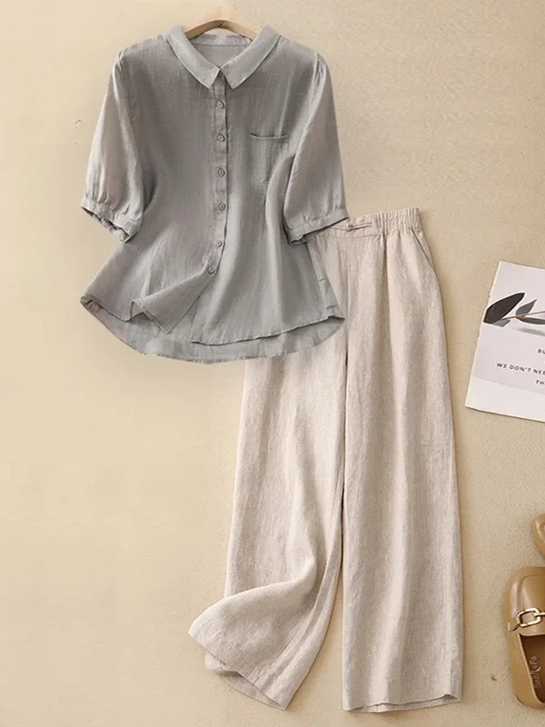 Large Size Summer Cotton Linen Casual Women's Set Fashionable High End Shirt Belly Cover Two Piece Set for Mature Ladies