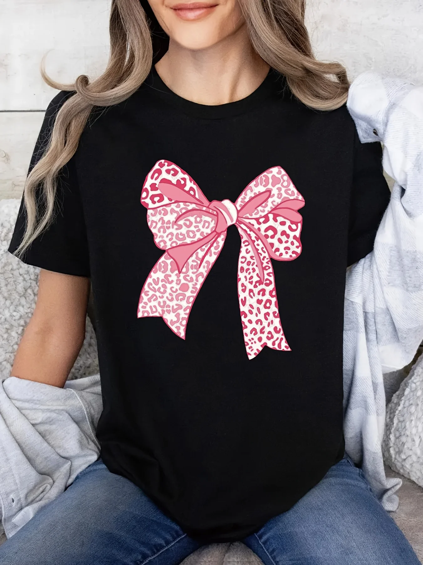 

¡Estilo dulce puro! Camiseta de manga corta para mujer con estampado de leopardo rosa patrón de lazo manga Harajuku ropa