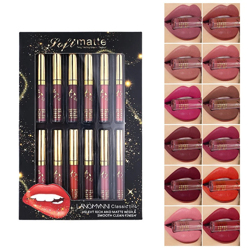 

12PCS Women Matte Liquid Lipstick Set Sexy Red Pumpkin Velvet Lip Gloss Glaze Long Lasting Waterproof Beauty Tool