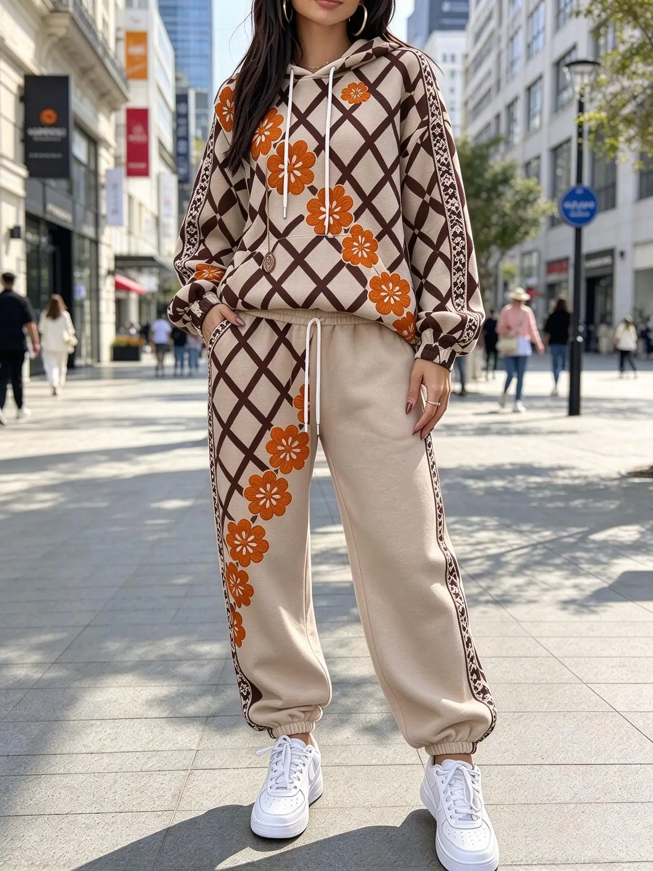 Women Grid Floral Print Hooded Tracksuit, Hoodie & Cuffed Jogger Pants 2 Piece Outfit view 2