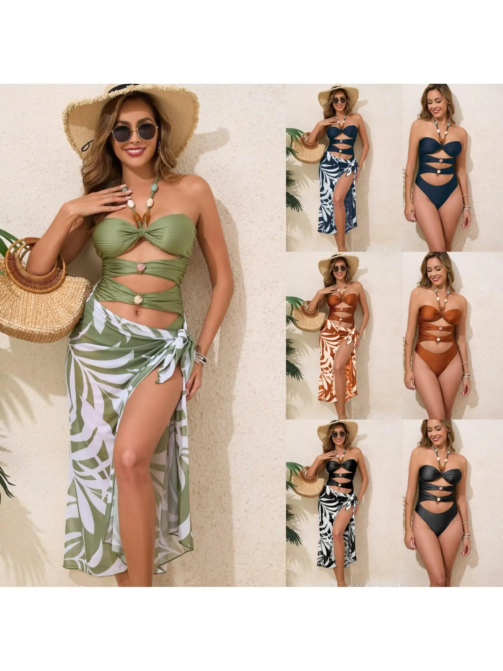 Sexy  Color Hollow out Bikini Two Piece Swimsuit Skirted Design Nylon Material Sports Fitness Swimmingwear