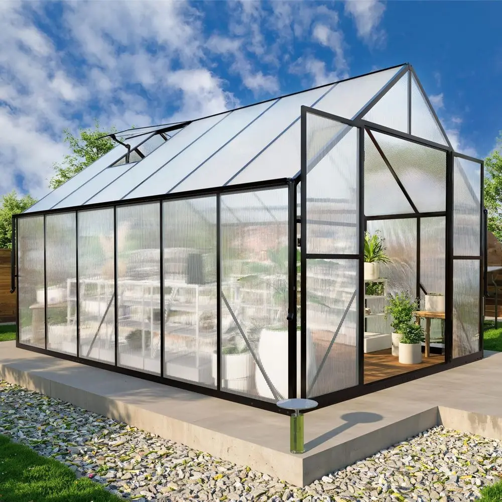 8x12 Walk-In Polycarbonate Greenhouse with Adjustable Roof Vent and Rain Gutter, Easy Setup for Outdoor Gardening