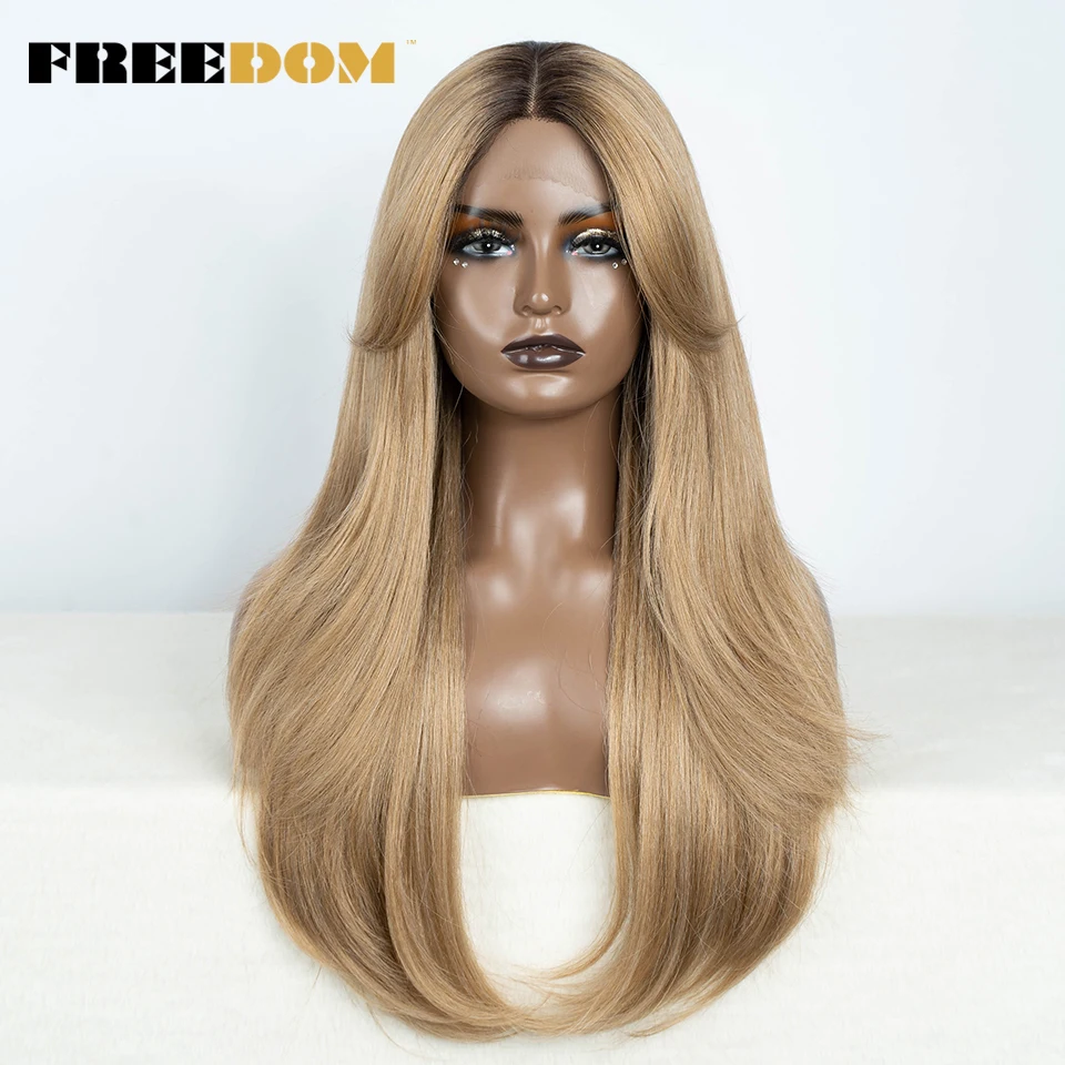 FREEDOM Synthetic Lace Front Wigs For Black Women 26 Inch Straight Lace Wig With Bangs Ombre Brown Blonde Grey Red Cosplay Wigs