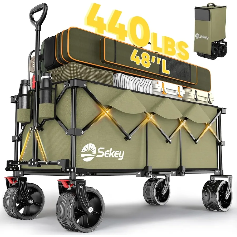 

48''L Collapsible Foldable Extended Wagon with 440lbs Weight Capacity Heavy Duty 300L Folding Utility Garden Cart with Big AllT