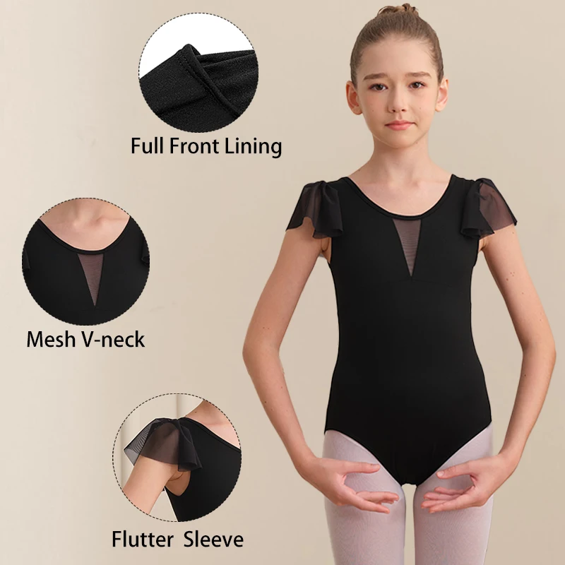

Балетные трико для девочек, сетчатый купальник с v-образным вырезом и полной передней подкладкой, детские танцевальные трико с развевающимися рукавами, детская черная сетчатая полая танцевальная одежда