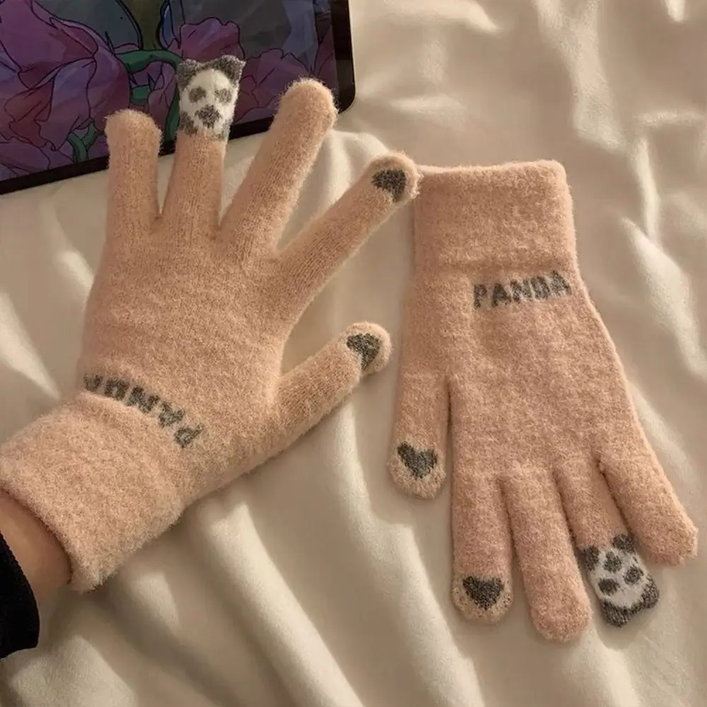 Bear Design Crystal Fleece Knitted Gloves Knit Fabric One Size Touch Screen Full Finger Gloves Thick Warm Gloves Daily Commute