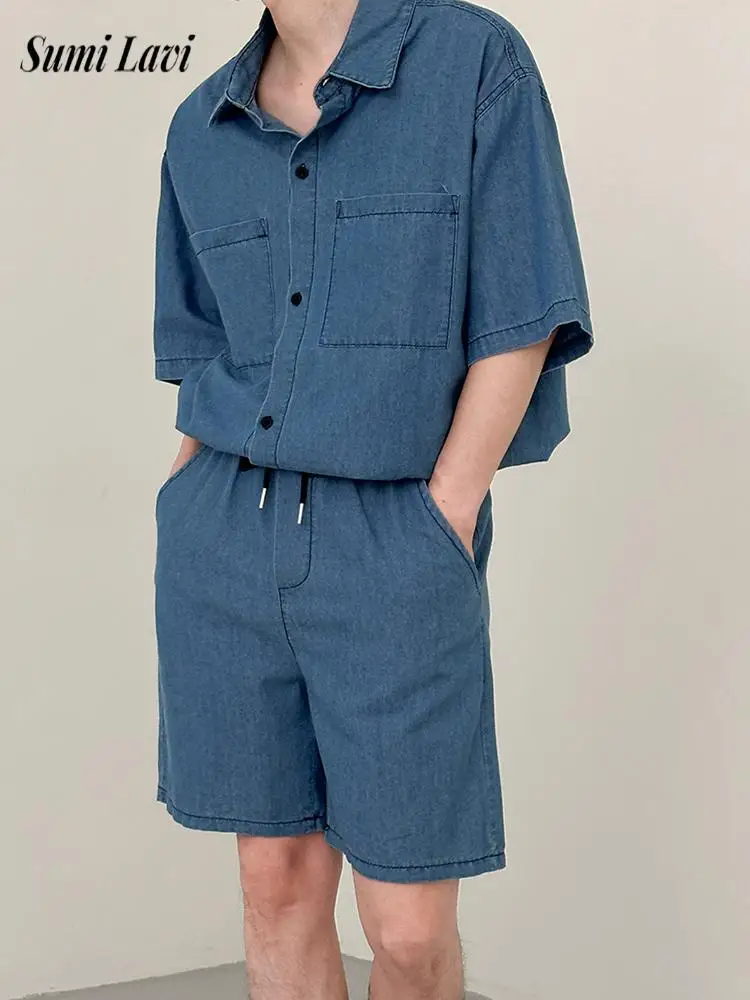 Spring Summer Fashion Denim Outfits Mens Vintage Short Sleeve Jean Shirt And Shorts Two Piece Sets Men Stylish Slim Fit Suits