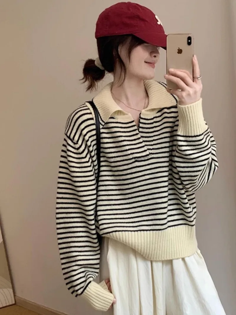 Pullover Sweater Female 2023 Korean Women Autumn Academy Sweater Loose and Slim Versatile Striped Top Long Sleeve Knit Sweater