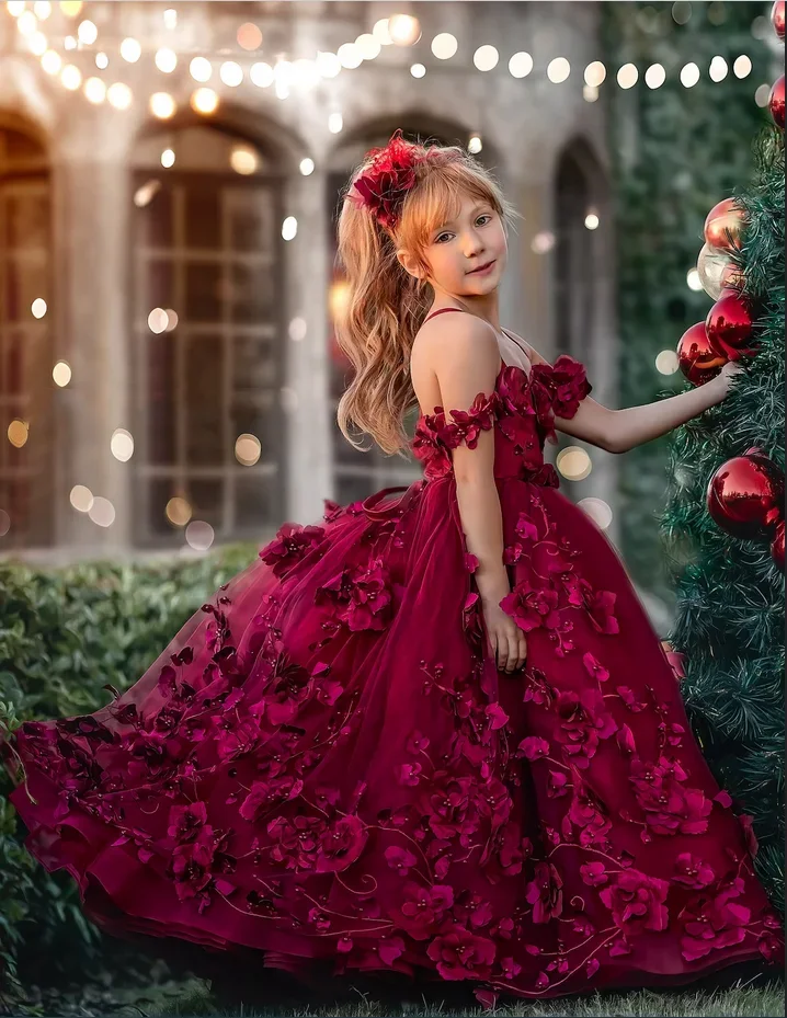 Luxury Burgundy Flower Girl Dresses Long 3D Flowers Pearls Birthday Off Shoulder Party Dress Tulle Pageant Child Christmas Gowns