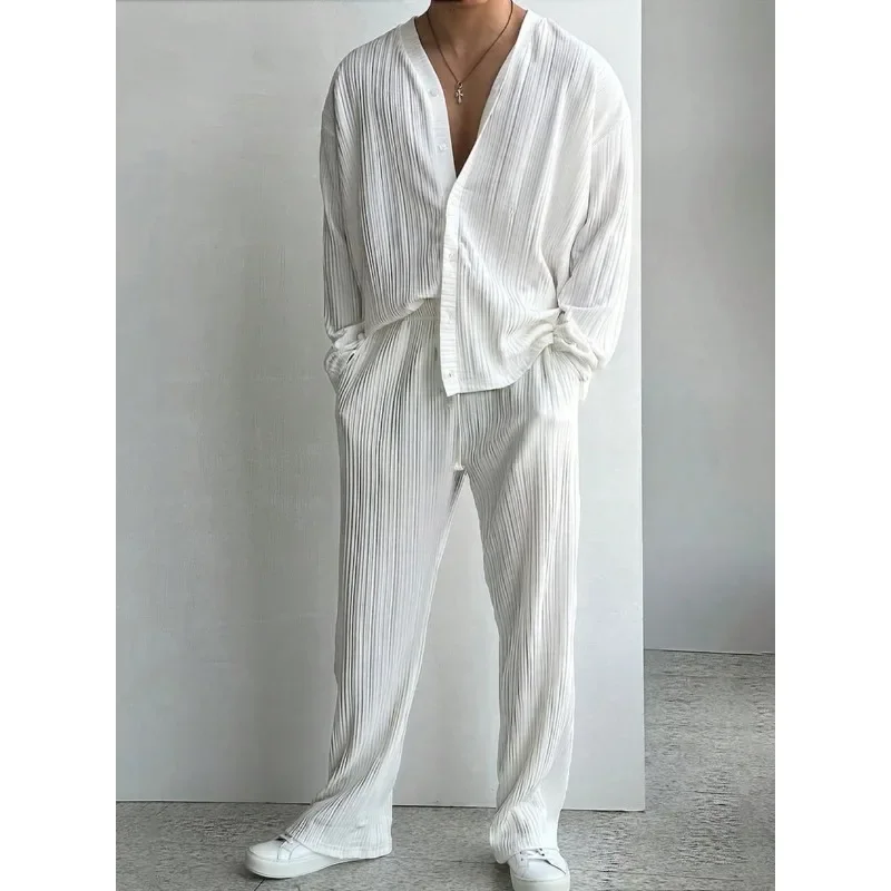 

Свободный пляжный спортивный костюм для отдыха, элегантная одежда для мужчин, комплект из 2-х предметов: рубашка с длинными рукавами и брюки на пуговицах, повседневная осенняя одежда в рубчик