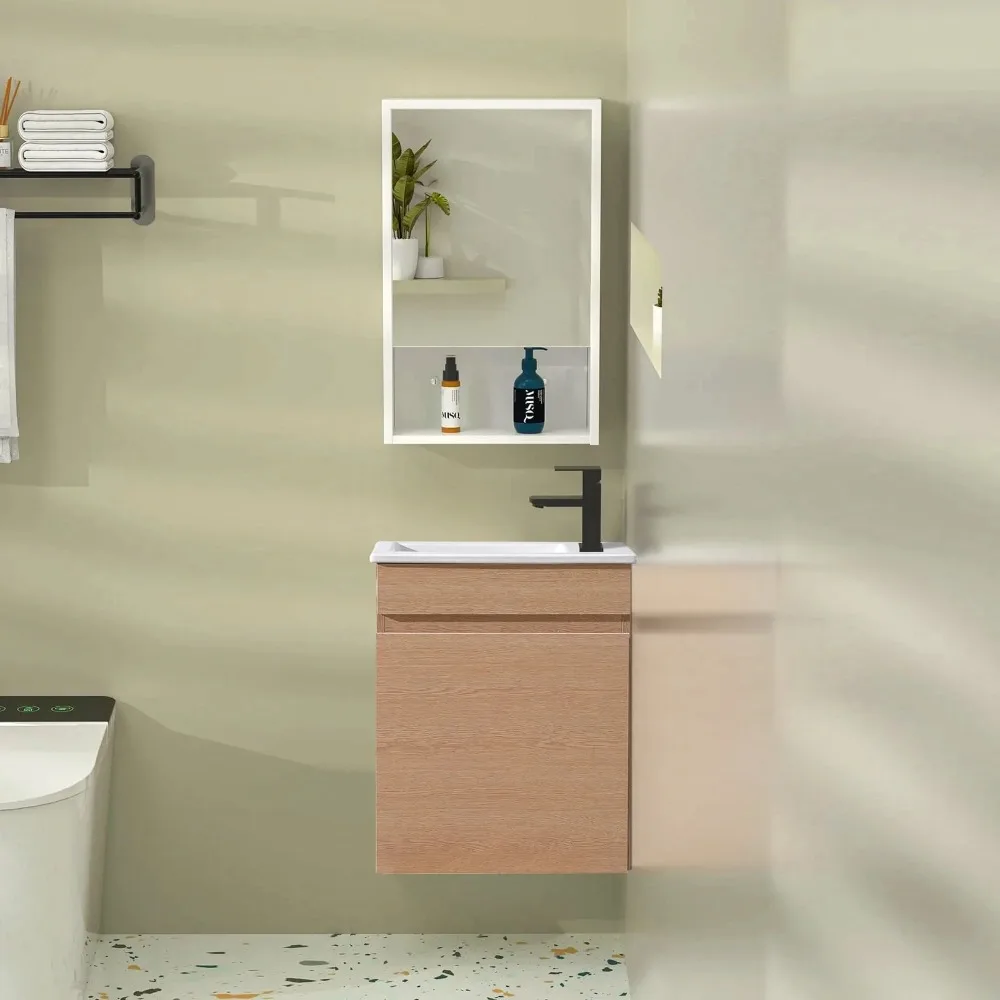 

18" Oak Natural Floating Wall Mounted Bathroom Vanity with Ceramic Sink, Pop Up Faucet & Soft-Closing Door