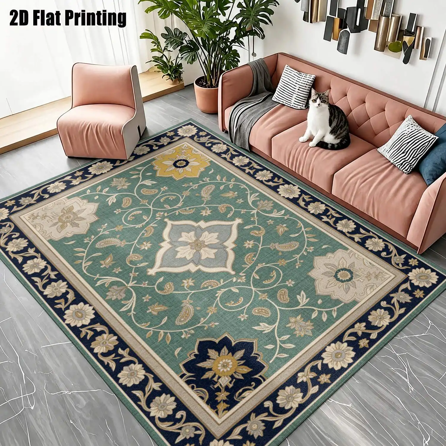 1Pc 2D Printed Carpet: Blue-Green Floral & Leaf Patterns, Vintage European Style, Geometric Design, Machine Washable, Multi-Size, Ideal for Home Decor Such as Living Room, Bedroom, Dining Room, Entryway, and Study