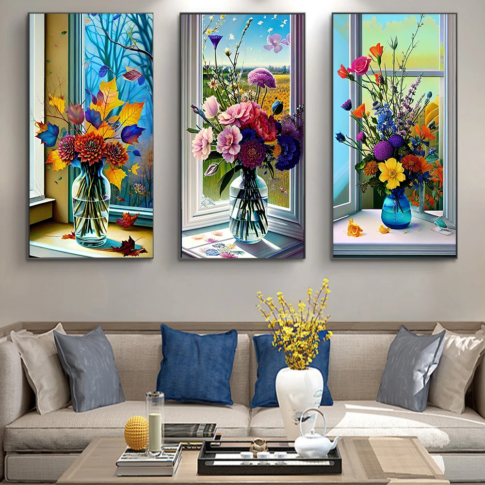 

Modern False Window Bay Window Potted Flowers Art Aesthetic Poster Print Natural Scenery Canvas Painting Porch Home Decoration