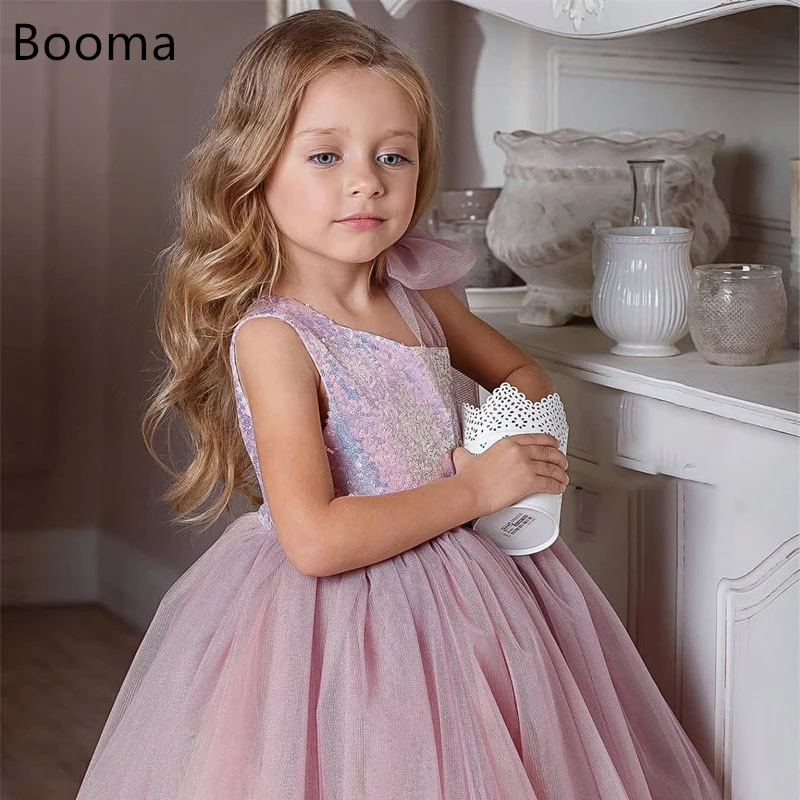 Booma A-Line Flowers Girl Dresses  Sequined Tulle Wedding Party Dress for Kids Knee-Length Girls Prom Gowns Customized